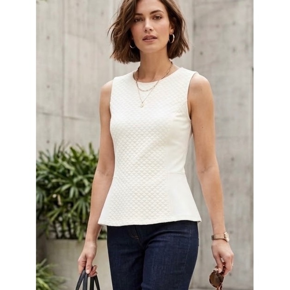 J.Crew Ivory Quilted Peplum Top Sleeveless Gold Zip Back White Small
